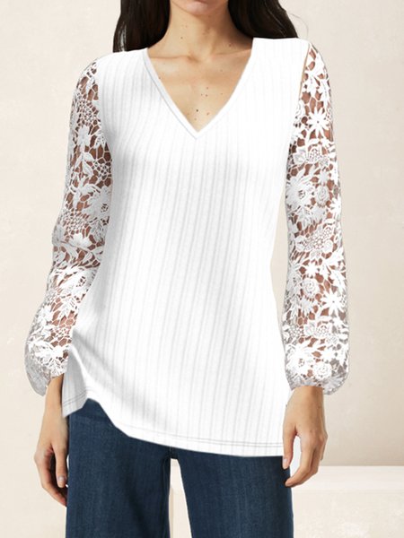 

V Neck Long Sleeve Plain Lace Regular High Elasticity Loose Shirt For Women, White, Blouses