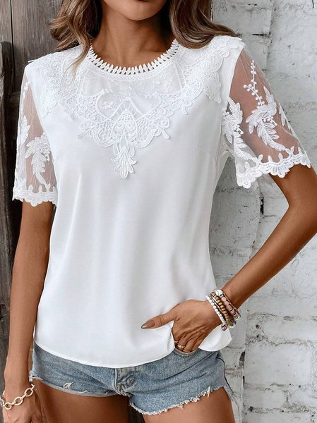 Crew Neck Short Sleeve Plain Lace Regular Loose Shirt For Women, White, Blouses