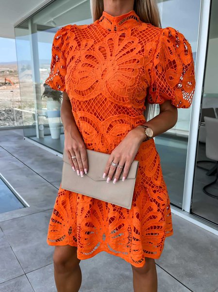 

Women Plain Stand Collar Short Sleeve Comfy Casual Short Dress, Orange, Dresses