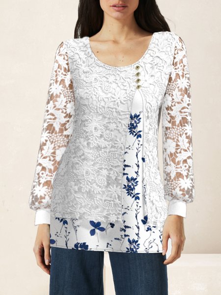

Women Blouse Elegant Crew Neck Long Sleeve Leaf Print Lace Regular Loose Shirt, White, Blouses