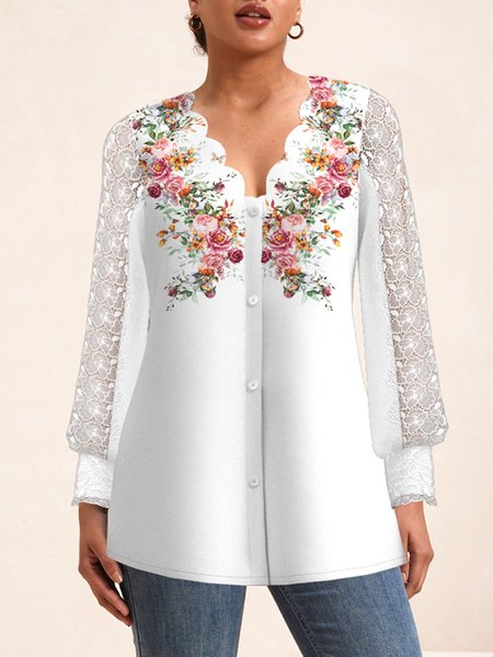 

Lace Collar Long Sleeve Floral Buckle Regular Loose Blouse For Women, White, Blouses