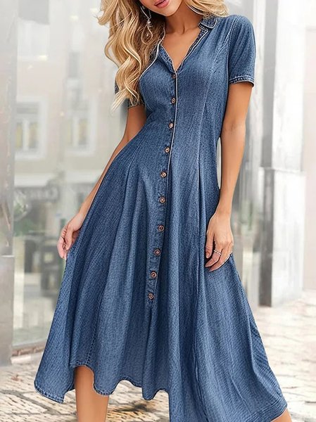 

Women Plain Shirt Collar Short Sleeve Comfy Casual Midi Dress, Blue, Dresses