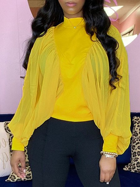 

Urban Stand Collar Plain Lantern Sleeve Shirt, Yellow, Blouses and Shirts