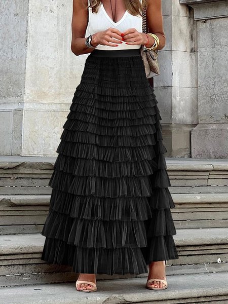 

Casual Plain H-Line Natural Maxi Skirt, Black, Skirts