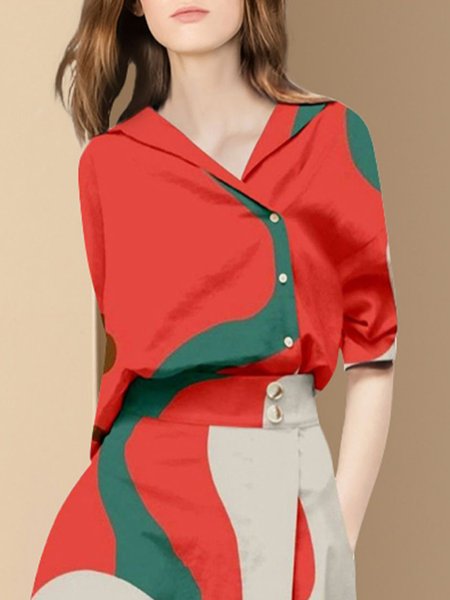 Half Sleeve Urban Shawl Collar Geometric Blouse, Red, Blouses and Shirts