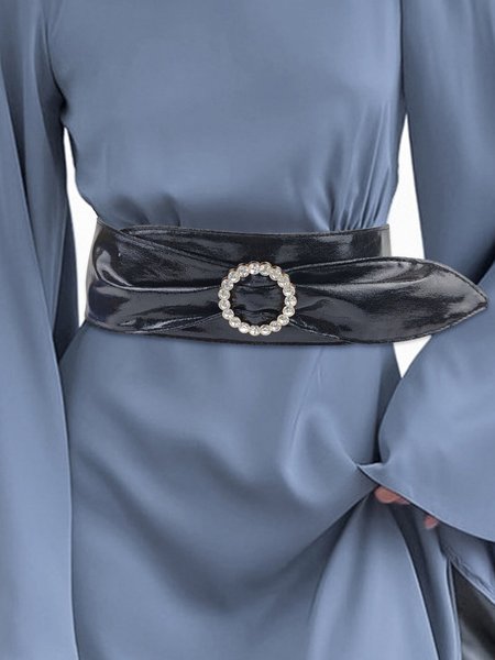 Women Minimalist Rhinestone Buckle Soft Wide Belt, Black, Belts