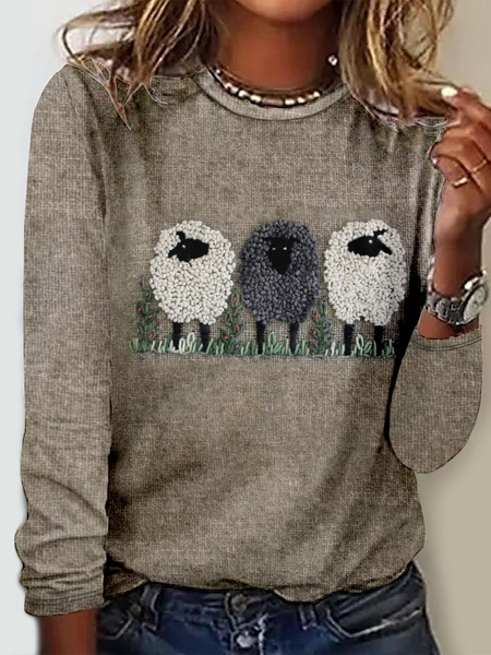 

Women's Cute Sheep Pattern Print Crew Neck Animal Casual Long Sleeve Shirt, Khaki, Blouses