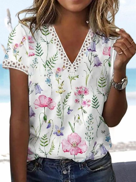 

Floral V-Neck Lace Short Sleeve Top, White, T-shirts