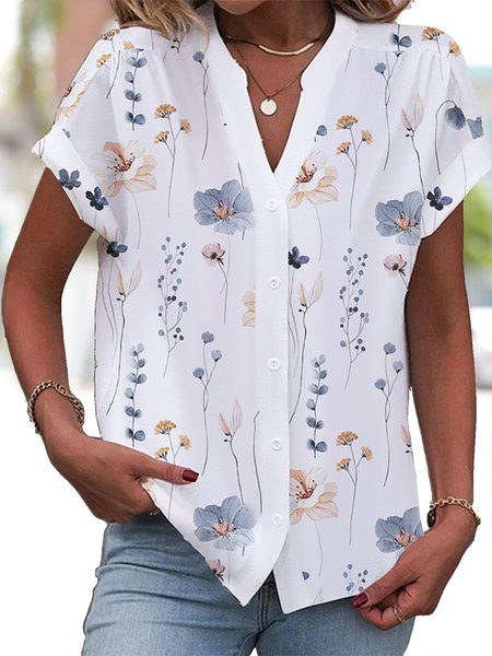 

Women Shirt Buttoned Floral Loose Casual Blouse, White, Shirts
