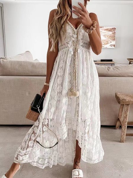 

Women Plain Spaghetti Gallus Comfy Casual Tassel Maxi Dress, White, Dresses