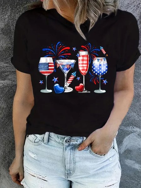 

Casual Cotton Independence Day Loose T-Shirt, Black, T-Shirts