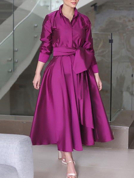 

Urban Loose Long Sleeve Shirt Dress Shirt Dress With Belt, Rose red, Maxi Dresses