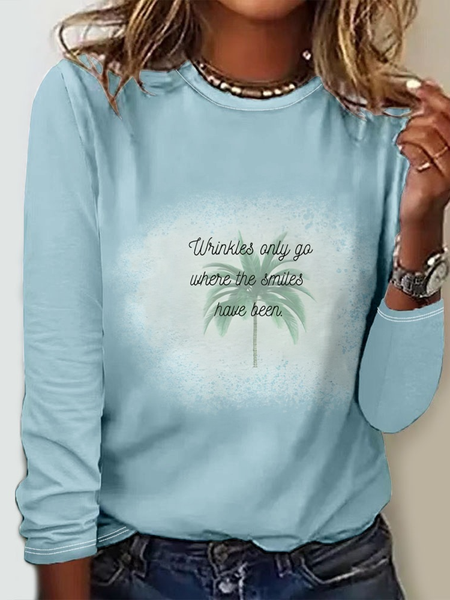 

Casual Coconut Tree Regular Fit Crew Neck Long Sleeve Shirt, Blue, Blouses
