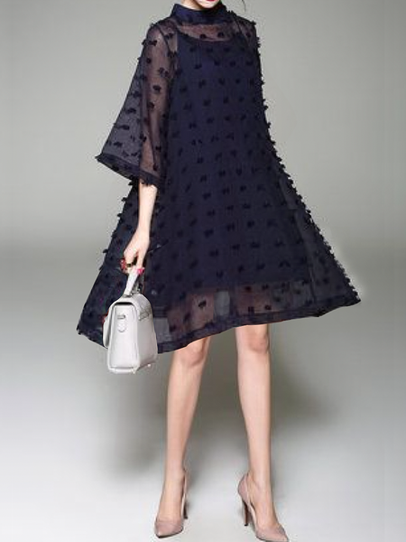 

Plain Stand Collar Short Sleeve Loose Elegant Short Dress, Black, Midi Dresses