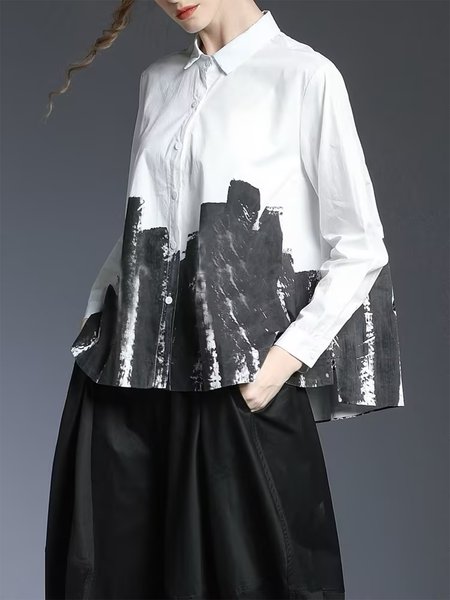

Color Block Loose Casual Shirt Collar Blouse, Black-white, Blouses and Shirts