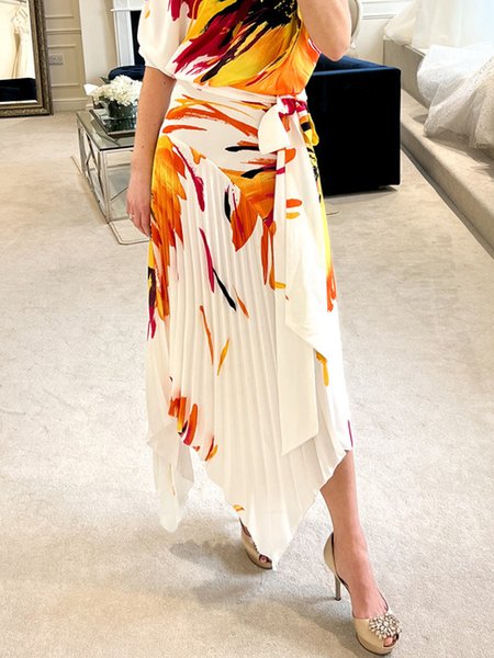

Regular Fit Vacation Floral Midi Skirt With Belt, As picture, Skirts