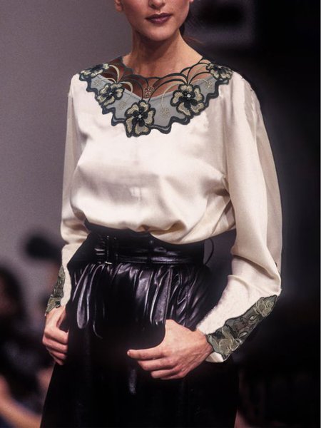 Elegant Color Block Loose Long Sleeve Shirt, As picture, Blouses and Shirts