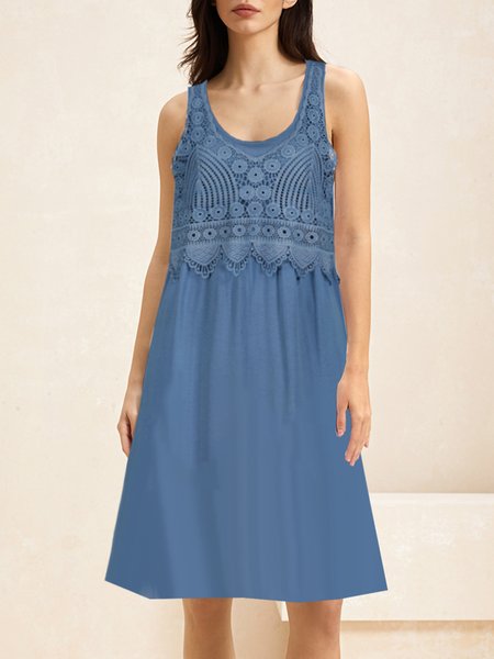 Women Cotton Plain Crew Neck Gallus Comfy Casual Lace Demin Short Dress, Blue, Dresses
