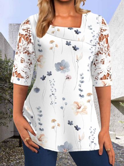 

Women Cotton Asymmetrical Short Sleeve Floral Lace Regular Loose Shirt, White, Blouses