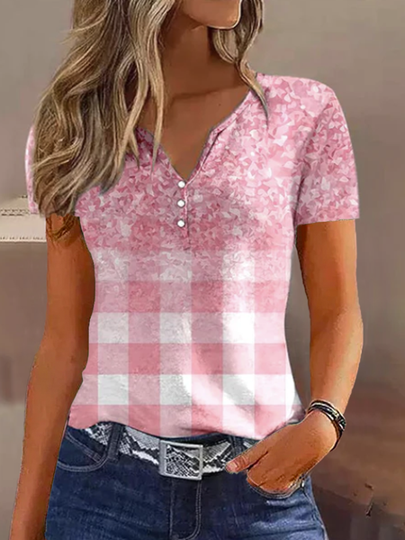 

Women's Short Sleeve Tee T-shirt Summer Plaid Buckle Notched Casual Top, Pink, T-Shirts