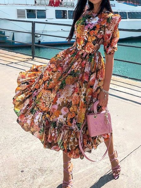 

Vacation Floral Crew Neck Dress, As picture, Maxi Dresses