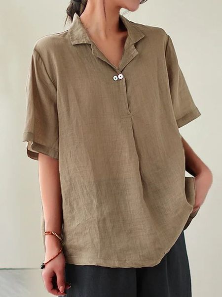 

Plain Loose Cotton Casual Linen Style Shirt, Khaki, Blouses & Shirts