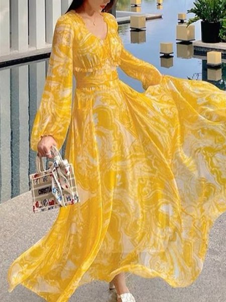 

Abstract Urban V Neck Loose Dress, Yellow, Maxi Dresses