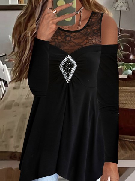 

Crew Neck Long Sleeve Plain Lace Regular Micro-Elasticity Loose Shirt For Women, Black, Blouses