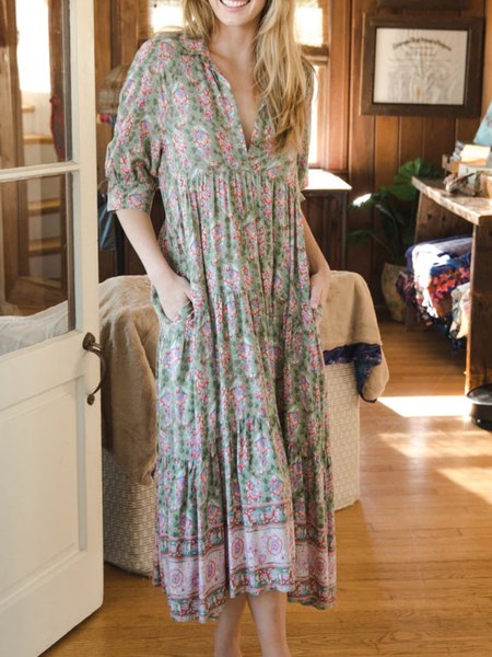 

V Neck Loose Floral Vacation Dress With No Belt, Green, Dresses