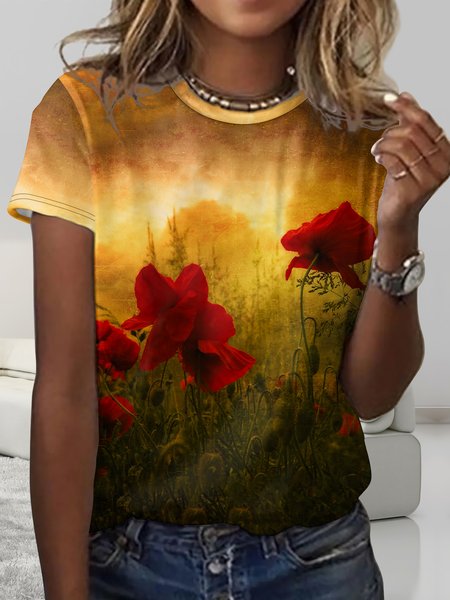 

Women's Casual Crew Neck Red Floral T-Shirt, T-shirts