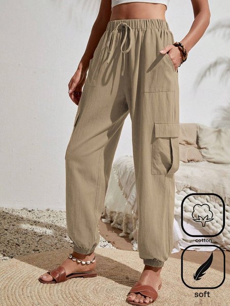 

Plus Size Pocket Stitching Plain Casual Pants, Khaki, Pants