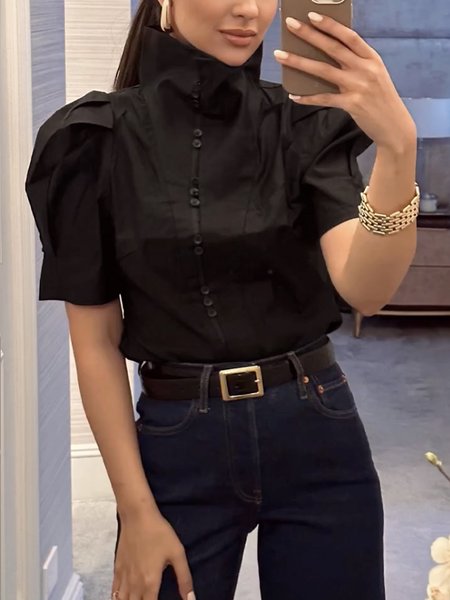 

Stand Collar Urban Plain Short Sleeve Blouse, Black, Blouses and Shirts