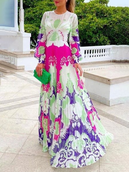 

Regular Fit Crew Neck Vacation Floral Dress, As picture, Maxi Dresses