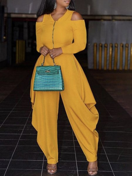 

Long Sleeve V Neck Regular Fit Casual Plain Jumpsuit, Yellow, Jumpsuits