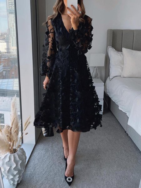 

Plain V Neck Elegant Long Sleeve Regular Fit Midi Dress, Black, Midi Dresses