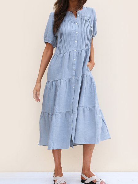 

Women Plain V Neck Short Sleeve Comfy Casual Midi Dress, Blue, Dresses