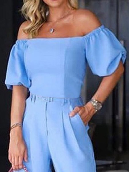 

Loose Boat Neck Urban Plain Shirt, Blue, Blouses and Shirts