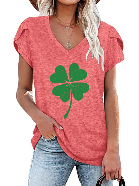 

Women's Four-leaf Clover Short Sleeve Tee T-shirt V Neck Casual Summer Top, Pink, T-Shirts