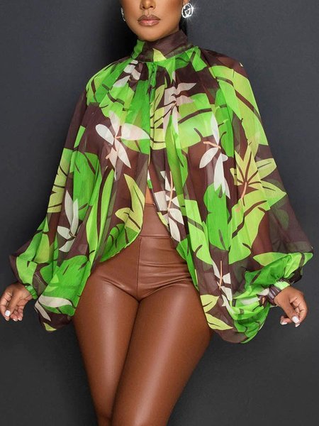 

Vacation Loose Stand Collar Floral Shirt, Green, Blouses and Shirts