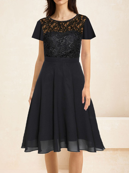 

Women Plain Crew Neck Sleeveless Comfy Casual Lace Maxi Dress, Black, Dresses