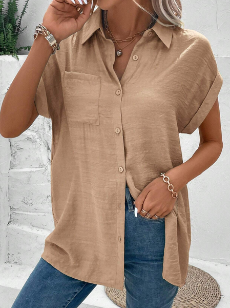 

Simple Shirt Collar Blouse, Khaki, Shirts & Blouses
