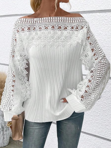 

Boat Neck Long Sleeve Plain Lace Regular Loose Shirt For Women, White, Blouses