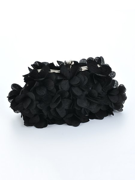 

Floral Satin Clutch Purses Applique Decor Kiss Lock Evening Bag, Black, Bags