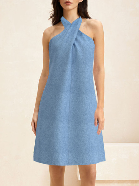 

Women Plain Halter Short Sleeve Comfy Casual Short Dress, Blue, Dresses
