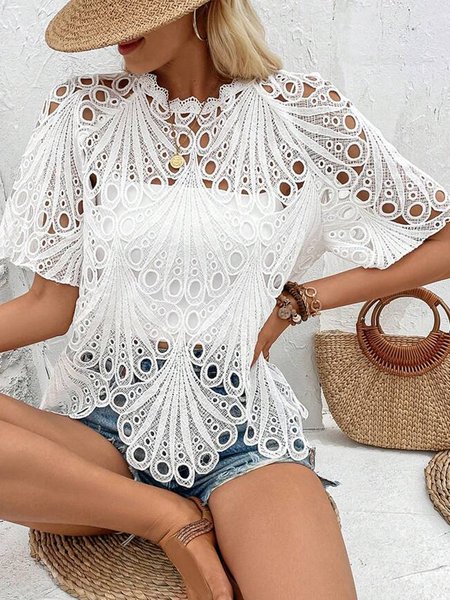 

Crew Neck Short Sleeve Plain Regular Loose Shirt For Women, White, Blouses