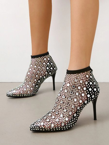 

Black Rhinestone Breathable Mesh Stiletto Heels Ankle Boots, Boots