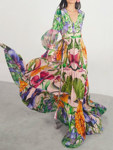 Floral Vacation V Neck Long Sleeve Maxi Dress With Belt, Yellow, Maxi Dresses