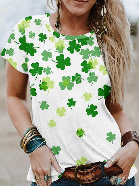 

Women's Four-leaf Clover Short Sleeve Tee T-shirt Crew Neck Casual Summer Top, White, T-Shirts