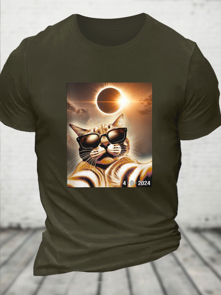 

Cotton Funny Suprise Cats Selfie With Solar Eclipse 2024 Crew Neck Casual T-Shirt, Green, T-shirts