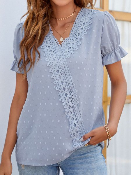 

V Neck Short Sleeve Plain Lace Regular Loose Shirt For Women, Blue, Blouses